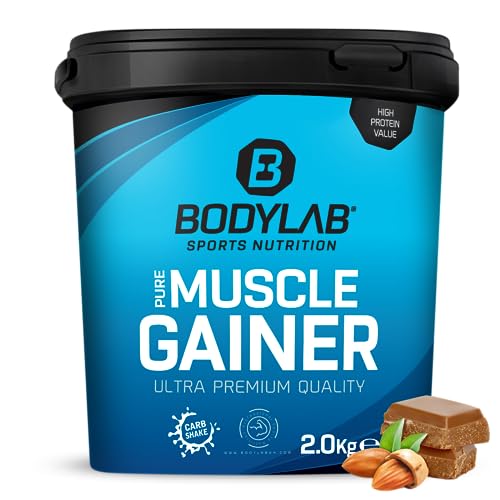 Bodylab24 Pure Muscle Gainer Haselnuss-Kakao 2kg, je 100g 33g natürliche Kohlenhydrate, 40g Protein und 12g Fett, angereichert mit Kreatinmonohydrat, perfekter Weight Gainer Shake für den Masseaufbau