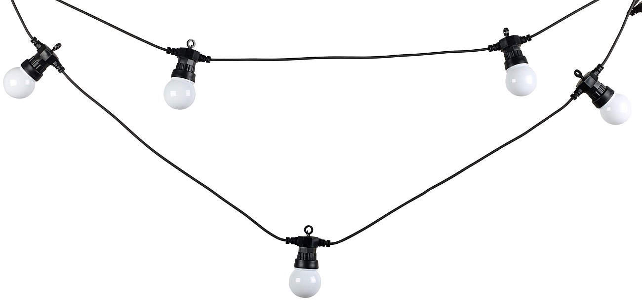 Lunartec LED Lichterkette außen: Party-LED-Lichterkette m. 20 LED-Birnen, 6 Watt, IP44, warmweiß, 9,5 m (Lichterkette Garten, LED-Lichterkette Glühbirne, Lichterketten aus Draht)