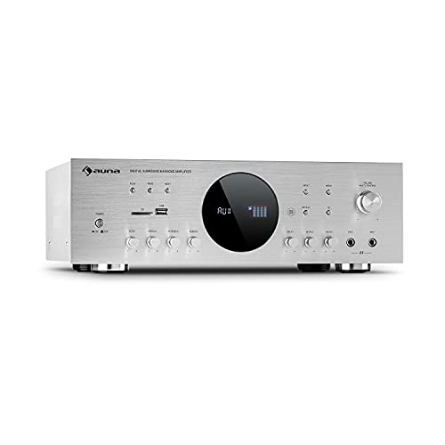 auna AMP Verstärker - Stereo-HiFi-Verstärker für Karaoke, Radio oder Heimkino, USB- und SD-Anschluss, Frequenz: 20 Hz bis 20.000 Hz, 43 x 14,5 x 30,5 cm (BxHxT), Silber