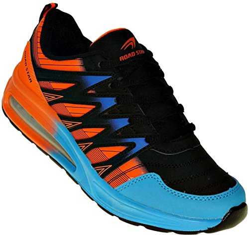 Bootsland Neon Turnschuhe Sneaker Sportschuhe Luftpolster Unisex 002, Schuhgröße:36, Farbe:Schwarz/Orange/Blau