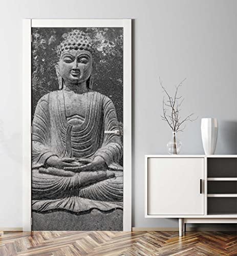MyMaxxi - Tür bekleben mit Türtapete Selbstklebend 90x200 Buddha Statue - Tür verschönern Türfolie - Türaufkleber XXL Aufkleber Folie- Türposter Türklebefolie Buddhismus Religion grau-Weiss