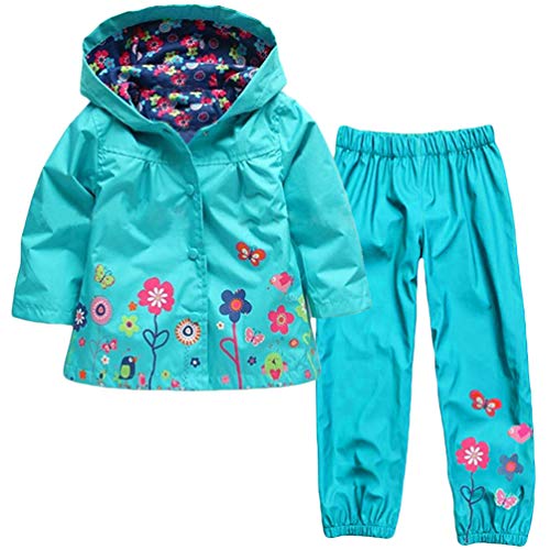 LvRao Kinder Mädchen Regenjacke mit Kapuze Regenhose 2pcs Bekleidungsset Tierdruck Blumen Regenbekleidung (Blau, 90)