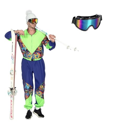 MIMIKRY 80er Jahre Graffiti Retro Ski-Anzug Herren-Kostüm inkl. Brille Overall Einteiler Trash Bad Taste Apres Ski, Größe:XL-56/58