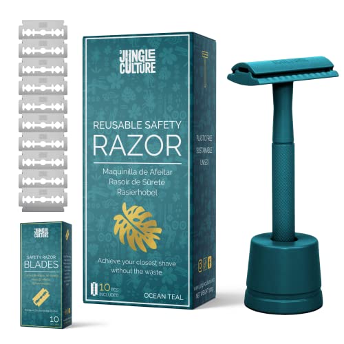 Jungle Culture® Rasierhobel Damen & Herren mit Ständer, Umweltfreundlicher Nassrasierer für Frauen in Blaugrün, Einzelklingen Metall Rasierer für Körper & Gesicht, Beauty Geschenk, Safety Razor