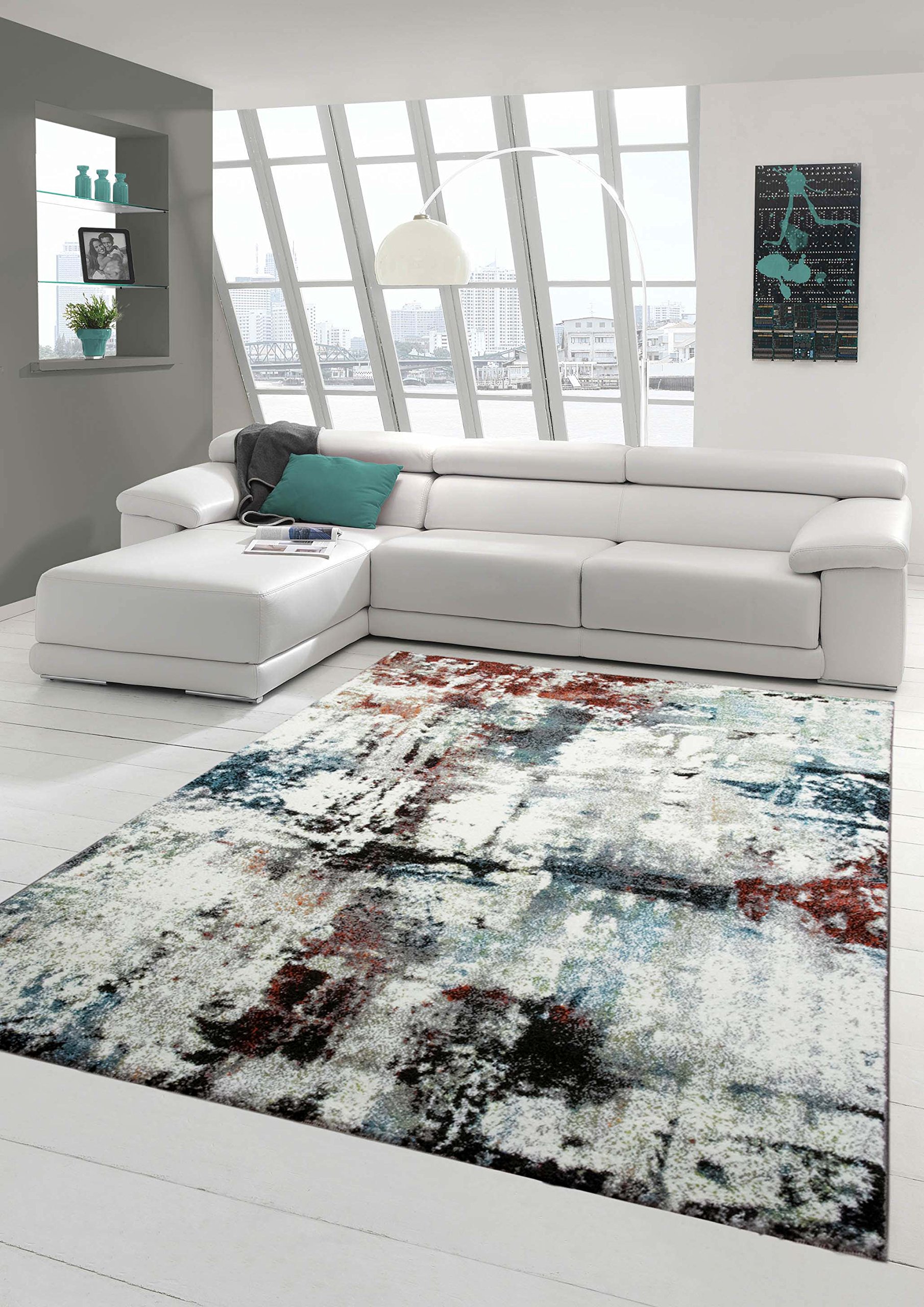Designer Teppich Moderner Teppich Wohnzimmer Teppich Kurzflor Teppich Meliert Splash Design Türkis Creme Braun Multi Größe 80x150 cm
