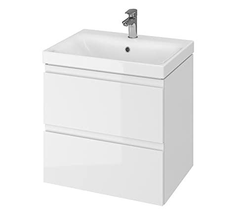 ECOLAM Badmöbel Waschtisch Waschbecken 60 cm + Schrank Moduo Waschbecken mit Unterschrank 2 Schubladen weiß, Soft Close, modernes Design