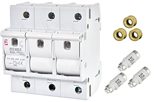 Neozed Lasttrennschalter Set D02-3-polig Set mit Sicherungen und Passhülsen (Lasttrenner Set 3x25 Ampère)