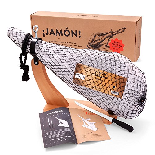 Jamon-Box Nr. 2 - Serrano-Schinken 6,5kg im Geschenk-Set mit Zubehör - 12 Monate gereifter Hinterschinken aus Spanien inklusive Schinkenständer, Schinkenmesser & Schneide-Anleitung