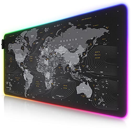 CSL - XXL RGB Gaming Mauspad - LED Schreibtischunterlage - 900x400 mm Übergröße - XXL Mousepad - LED Multi Color - 11 Beleuchtungs-Modi - 7 LED Farben Plus 4 Effektmodi - abwaschbar - Weltkarte