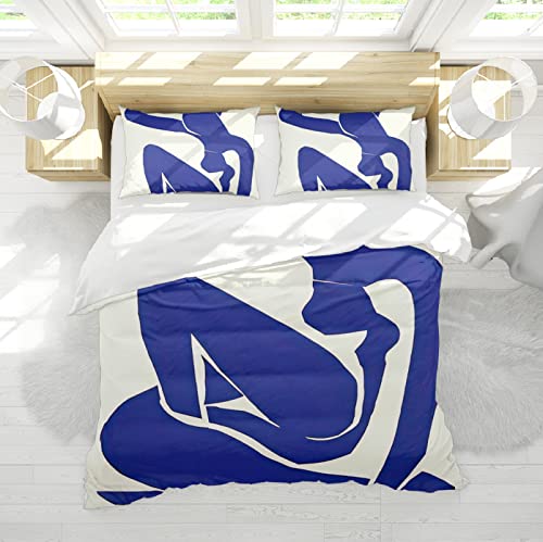 DINGSION Matisse Bettwäsche Set 3-teilig Minimalism Blue Line Damen Weiches und atmungsaktives Bettwäsche-Set für Schlafzimmer mit 2 Kissen Shams 4 Krawatten 135x200cm