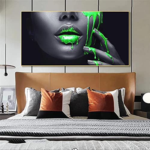 HONGC Leinwanddrucke Frauen Gesicht Sexy Lippen Grüne Flüssigkeit Leinwand Malerei Wandkunst Poster Drucke Wandbilder für Wohnzimmer Home Wandgemälde Dekor 80x160cm / 31,4"x 62,9" Kein Rahmen