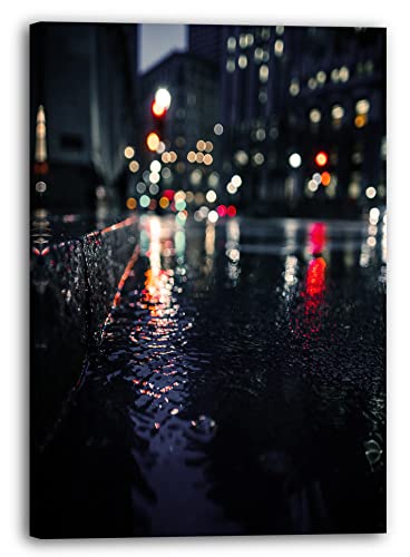 Printistico Leinwandbild (70x100cm) Straße bei Nacht, Lichter Regen Autos, warme Farbe, Architektur-Fotos, echter Holz-Keilrahmen inkl. Aufhänger, handgefertigt in Deutschland