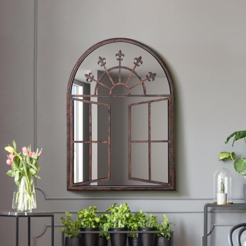 MirrorOutlet The Kirkby – Rustikaler Wandspiegel mit Metallrahmen, Kirchenfenster-Stil, gewölbt, 89 x 69 cm, Glasspiegel mit schwarzer Allwetter-Rückseite.