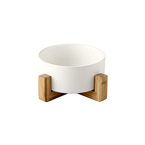 Futternäpfe für Hunde und Katzen aus Keramik mit Halterungen aus Bambus, Schalen aus Keramik mit Holzhaltern (Einzelbett 15,5 cm, Weiß)