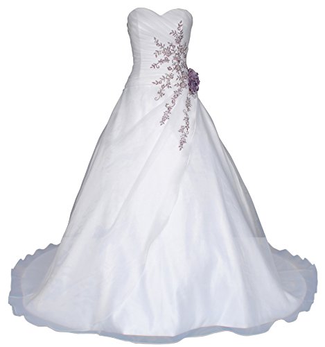 Romantic-Fashion Brautkleid Hochzeitskleid Weiß Modell W020 A-Linie Lang Satin Perlen Pailletten lila Stickerei DE Größe 42