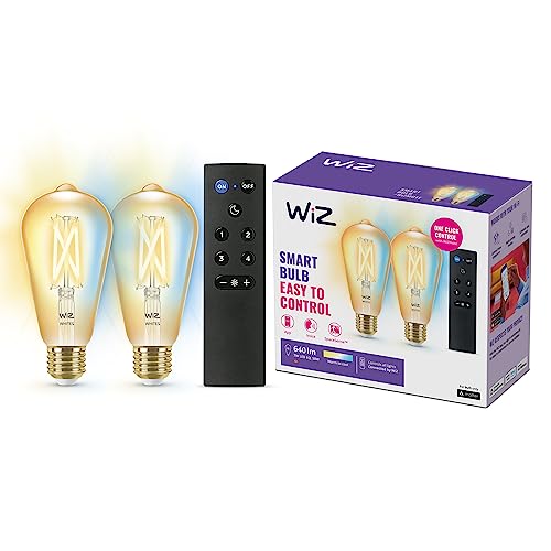Wiz LED-Glühbirne, WiFi, Vintage, dimmbar, weiß, ST64 50 W, E27, 2er-Pack + Wiz Fernbedienung, Licht warmweiß bis kaltweiß, 2700 – 6500 K, 6,7 W (entspricht 50 W), A+