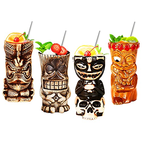 NUACOS Tiki Becher,Tiki gläser Set,Cocktail Becher,4-teiliges Cocktailgläser-Set,Tiki barzubehör,Hawaii-Party für Premium Tropische Tassen Getränke für exotische Party