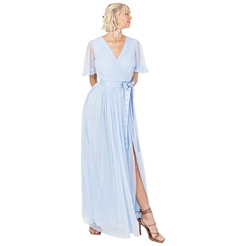 Anaya with Love Damen Ladies Maxi Dress for Women V Neckline Short Sleeve Frilly Long Empire Waist for Wedding Guest Bridesmaid Maid of Honour Kleid, Light Blue,