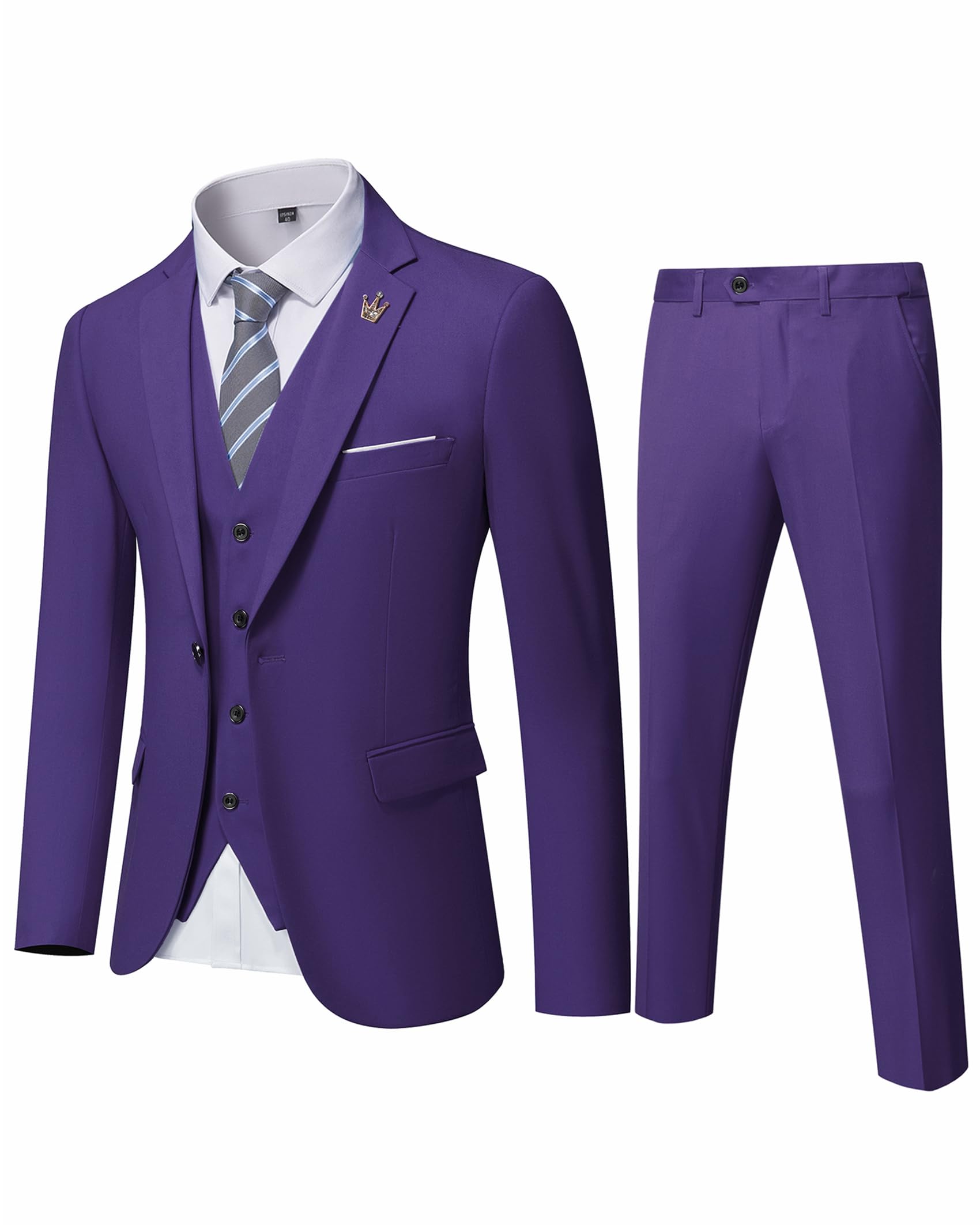 EastSide Herren Slim Fit 3-teiliger Anzug, Ein-Knopf-Blazer-Set, Jacke Weste & Hose, deep purple, S