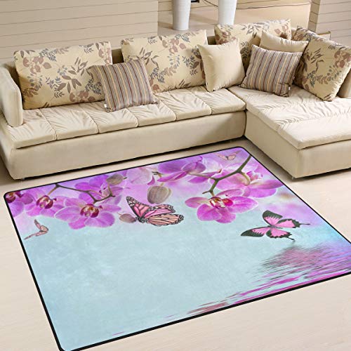 Use7 Teppich, tropische Orchidee, Blumen, Schmetterling, für Wohnzimmer, Schlafzimmer, Textil, mehrfarbig, 203cm x 147.3cm(7 x 5 feet)
