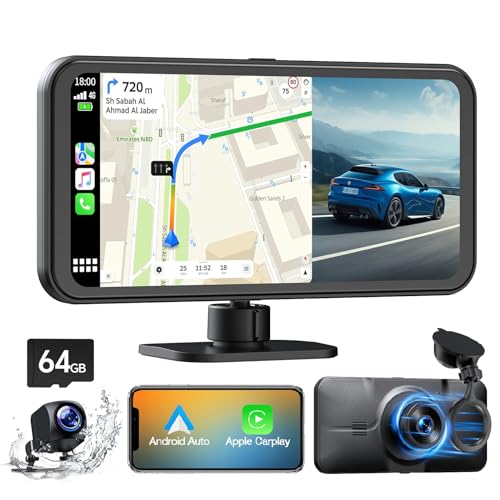 Volam 4K Dual Dashcam vorne und hinten mit kabellosem Apple Carplay Android Auto, 6,25-Zoll-Touchscreen-Autokamera, wasserdichte Rückfahrkamera, Parkassistent, Loop-Aufnahme, G-Sensor, Mirror Link