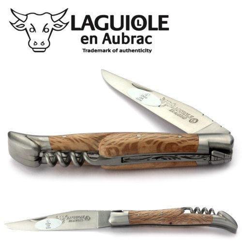 Laguiole en Aubrac Taschenmesser mit Korkenzieher L0311GOIS 11 cm, Griffschalen Grüne Eiche, Klinge 9 cm matt, Backen matt