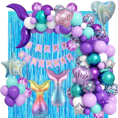 YinQin 152 Stück Meerjungfrau-Geburtstagsparty-Dekorationen mit Pumpe unter dem Meer Happy Birthday Meerjungfrau Luftballons Set Fransenvorhang Meerjungfrau Partyzubehör für Mädchen (Blau Violett)