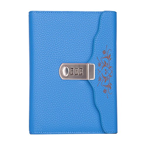Cheerlife Leder Tagebuch mit Passwort Code DIN B6 Notizbuch mit Zahlenschloss liniert Blatt Reisetagebuch Zeichnen Schreiben (Blau)
