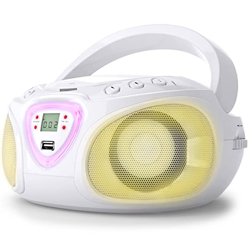 AUNA Roadie CD-Player - CD-Radio, tragbar, Boombox, LED-Beleuchtung, USB, MP3, UKW Radiotuner, Bluetooth, 2 x 1,5 Watt RMS, Netz & Batterie, weiß