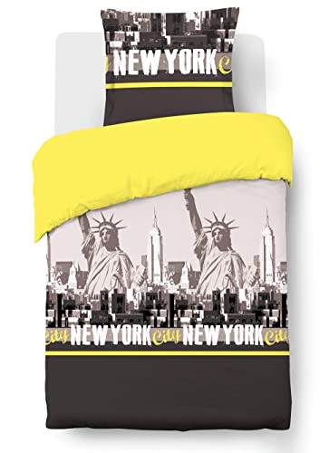 Vision New York Gelb – Bettbezug 140 x 200 cm + 1 passender Kissenbezug – 100 % Baumwolle