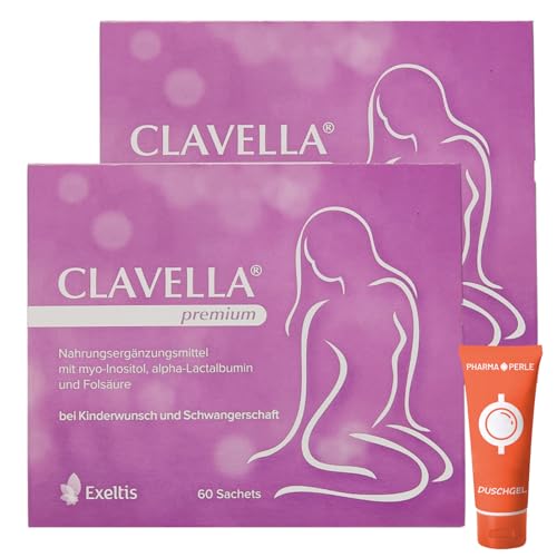 Clavella premium, 60X2.1 g I bei Kinderwunsch und Schwangerschaft I unterstützt die Fruchtbarkeit I Folsäure I Myo-Inositol I Spar-Set plus Pharma Perle give-away (2 x 60 Sachets)