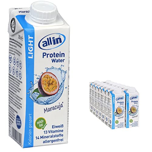 all in® LIGHT Protein Water Maracuja 14 x 250 ml - Low Carb Vital Drink für Post Workout oder zum Abnehmen | fettfreies Protein Wasser