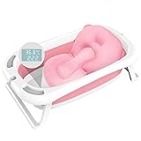 1 Stück Faltbare Baby Badewanne, Infant Dusche Waschbecken, Tragbare Babywannensitz, mit Abnehmbarer Sicherheits-Badematte, Echtzeit-Temperatursensor, für Neugeborene Baby und Kleinkinder (Pink)