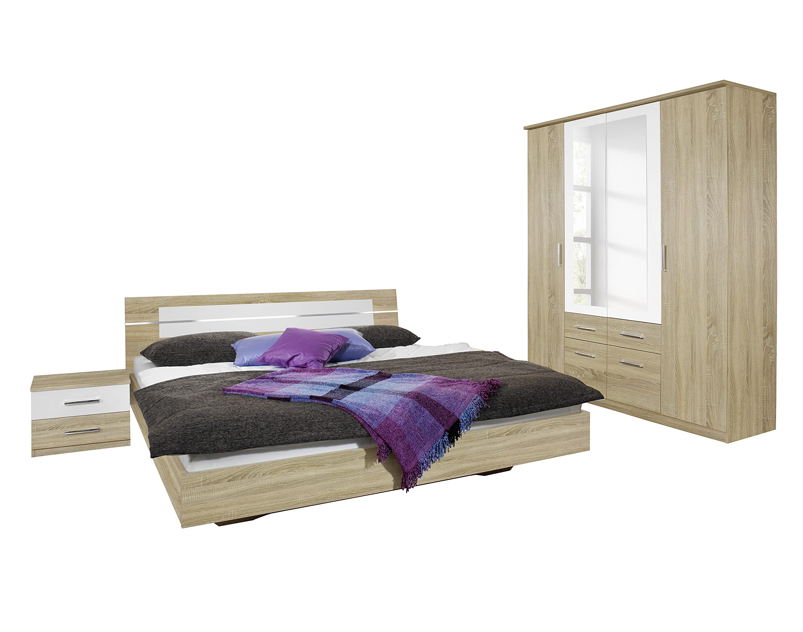 Rauch Möbel Burano Schlafzimmer, Eiche Sonoma / Weiß, bestehend aus Bett mit Liegefläche 180x200 cm inklusive 2 Nachttische und Drehtürenschrank BxHxT 181x212x58 cm