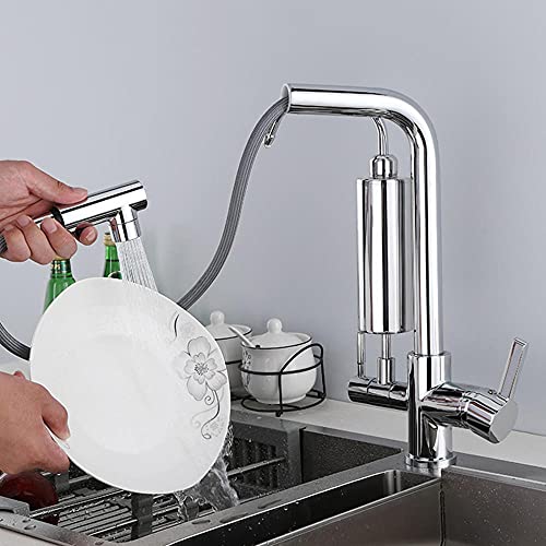 3-Wege-Küchenarmatur mit ausziehbarer Brause 3-in-1-Osmose mit Filter Wasserfilter Rotation Messing-Spülbeckenarmaturen-Chrom (Color : Brushed)