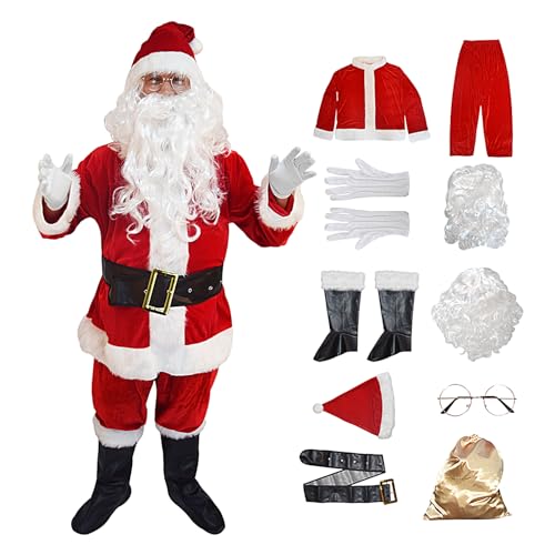 itrimaka Weihnachtsmann-Kostüm-Set für Herren, 10-teiliges Weihnachtsmann-Outfit für Erwachsene, Deluxe-Weihnachtsmann-Anzug aus Samt für die Weihnachtsfeier