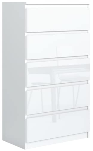 meble kaszczyszyn Kommode Weiß Front Hochglanz 5 Schubladen 70 cm - Elegantes Sideboard - 70 x 124,5 x 39 cm - Modern Kommode - Kommoden & Sideboards Größen