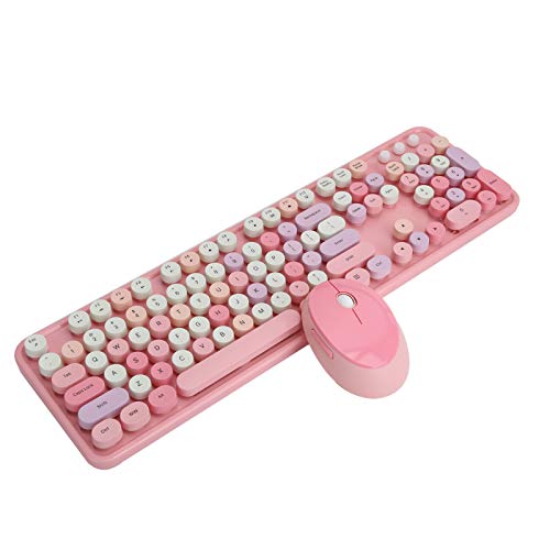 Drahtloses Tastatur- und Mausset, 2,4 GHz 104 Tasten Retro Schreibmaschinenstil Office Desktop Mechanische Tastatur Mäuse Kombination mit Multimedia-Taste(Rosa)