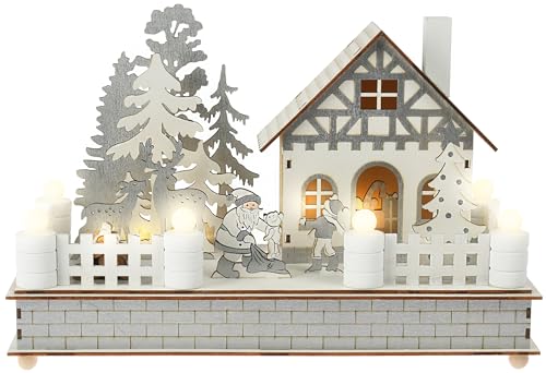 com-four® LED Haus als Deko zu Weihnachten - dekoratives Haus aus Holz - Haus mit LED-Beleuchtung - Weihnachtsdekoration [Auswahl variiert] (01 Stück - weiß/grau Holzhaus)