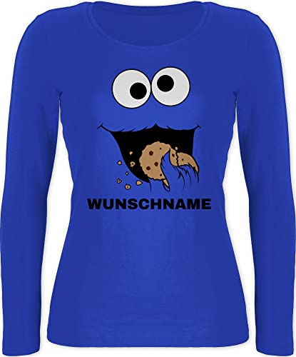 Langarmshirt Damen Langarm Shirt personalisiert mit Namen - Karneval Kostüm Damen Fasching - Keks Monster Kostüm mit Name - Krümelmonster Cookie Monster Keksmonster blau Namen Keks - XL - Blau