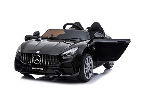 ES-TOYS Kinderfahrzeug - Elektro Auto Mercedes AMG GT Doppelsitzer M - lizenziert - 12V, 2 Motoren- 2,4Ghz, MP3, Ledersitz+Eva (Schwarz)