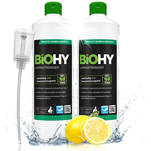 BiOHY Laminatreiniger (2 x 1 liter) + Dosierer | 2 in 1 Laminatpflege & Reinigungsmittel | reinigt gründlich, schonend & reduziert Wiederverschmutzung | für eine streifenfreie Reinigung