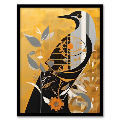 Cuckoo Clock Abstract Geometric Gold Grey Black Artwork Framed Wall Art Print A4