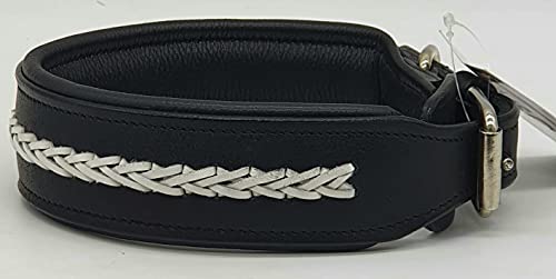 Stitch Halsband Leder Lederhalsband BREIT geflochten Zier Hundehalsband Tysons 5 Kombis zur Wahl M L XL hohe Zugkraft (Schwarz / Weiß, M)