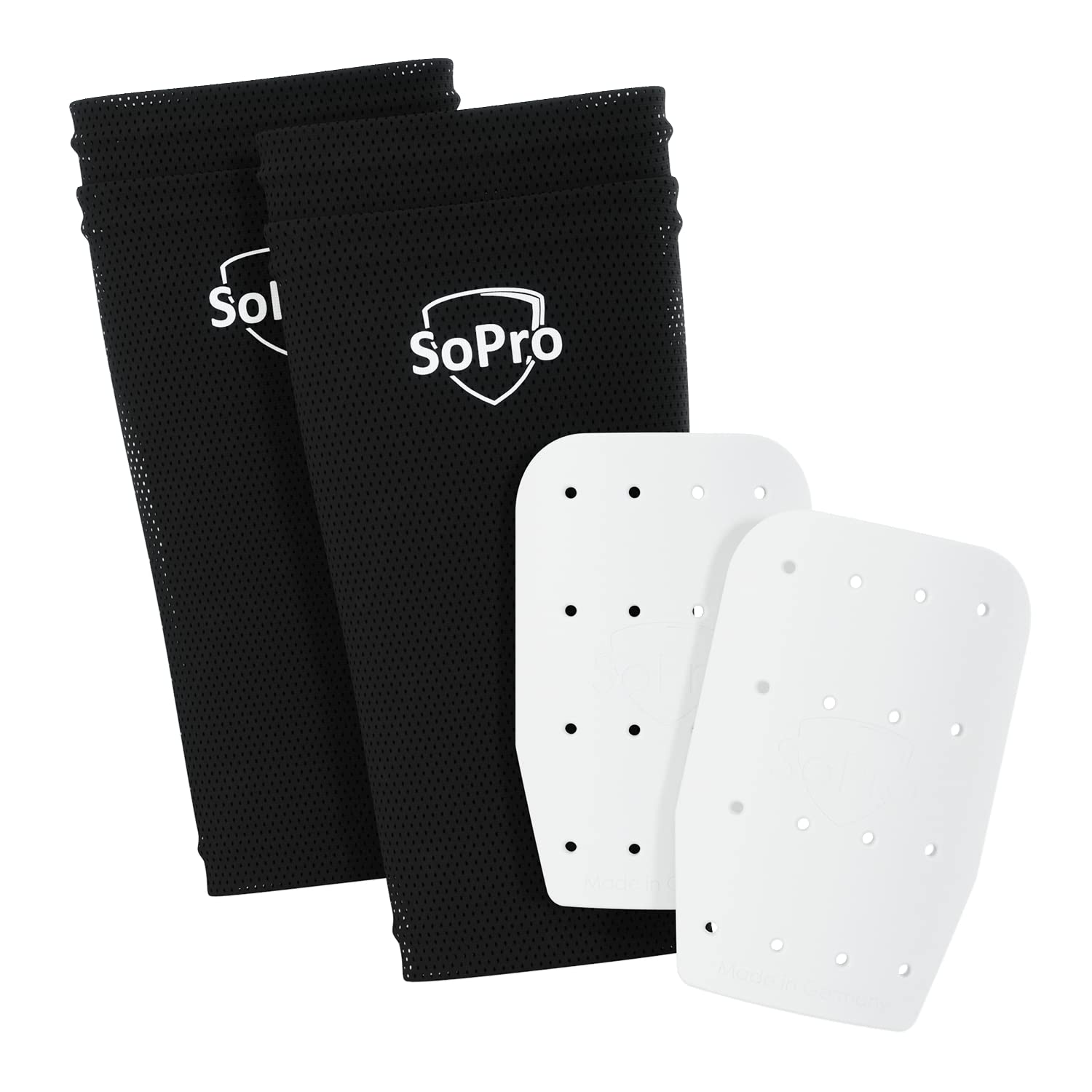 SoPro Mini Schienbeinschoner für Fußball - inklusive Socken - 120 x 80 x 5 mm - Für Kinder & Erwachsene - leicht, klein, rutschfest & geruchsneutral - Made in Germany