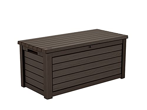 Koll Living Gartenbox / Aufbewahrungsbox 630 Liter, schwarz oder weiß - trockener & belüfteter Stauraum - mit Gasdruckfedern - Deckel bis zu 350 kg belastbar (Braun)