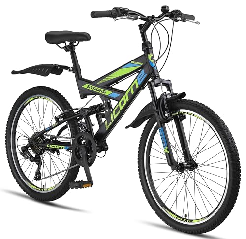 Licorne Bike Strong V Premium Mountainbike in 24 Zoll - Fahrrad für Jungen, Mädchen, Damen und Herren - 21 Gang-Schaltung - Vollfederung - Schwarz/Blau/Lime