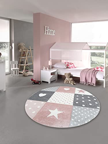 Kinderteppich Spielteppich Teppich Kinderzimmer Babyteppich mit Herz Stern in Rosa Weiss Grau (200 cm Rund)