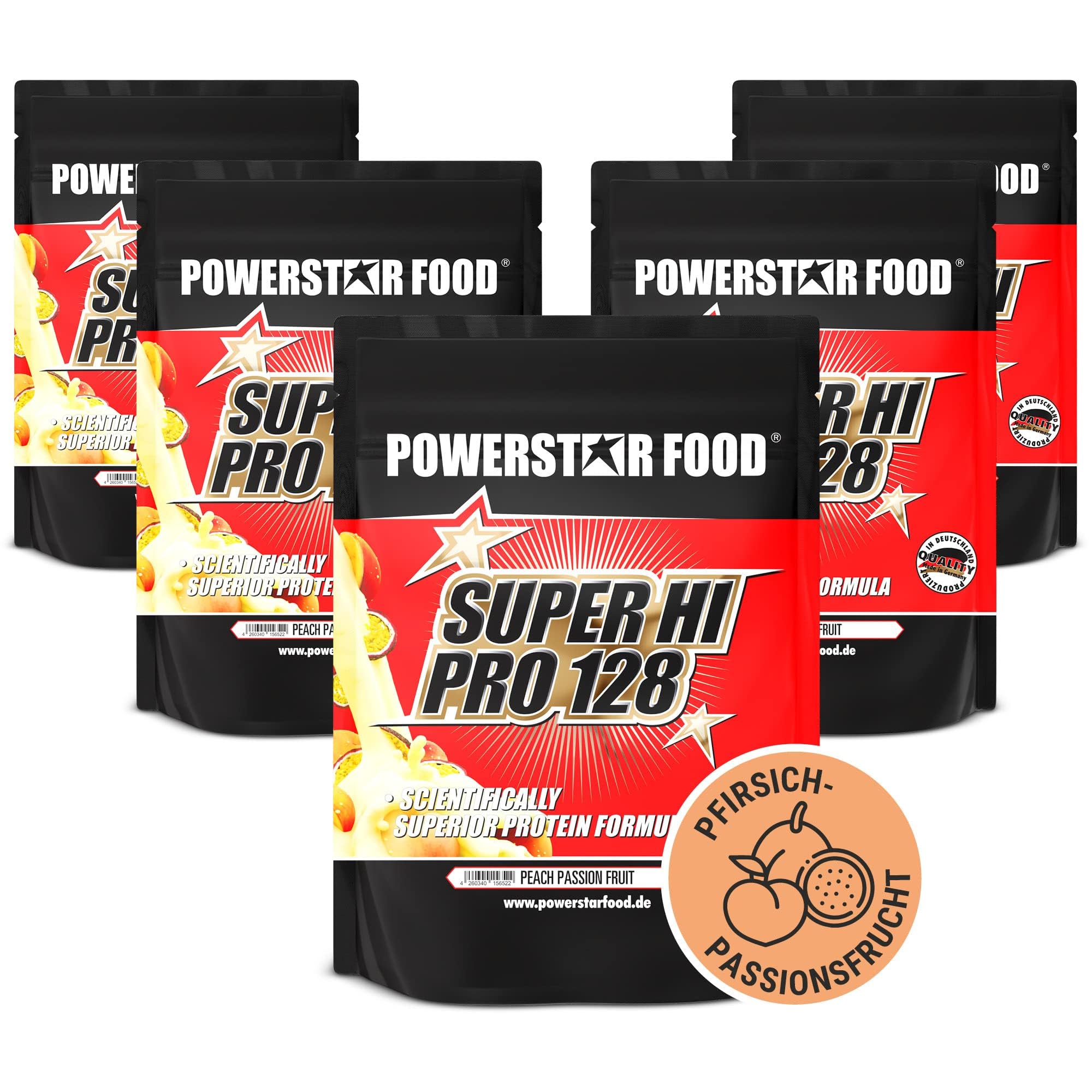 Powerstar SUPER HI PRO 128 | Mehrkomponenten Protein-Pulver Peach-Passion-Fruit 5x1000g | Höchstmögliche Biologische Wertigkeit | Eiweiß-Pulver mit 80% Protein i.Tr. | Zum Muskelaufbau & Abnehmen