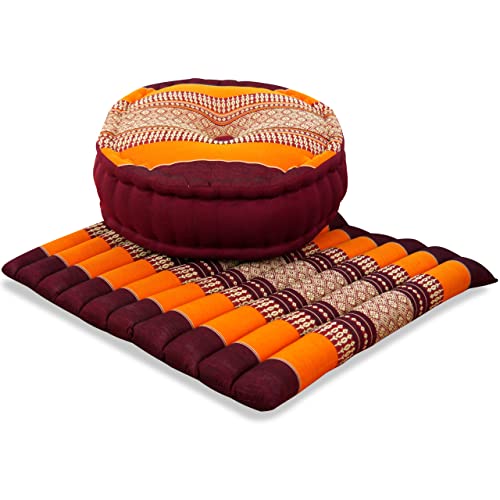 livasia Yogaset/Meditationsset der Marke Asia Wohnstudio: 1 x Zafukissen (Yogakissen) + 1 x Sitzkissen (Meditationskissen) mit Reiner Kapokfüllung, Günstiges Set (orange)